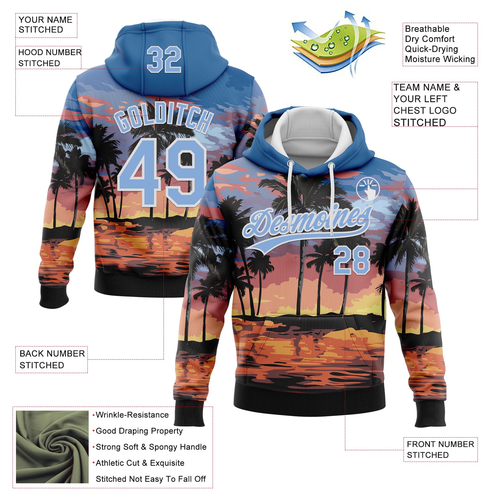 Custom Stitched Blue Light Blue-White 3D Hawaii Palm Trees Sports Pullover Sweatshirt Hoodie