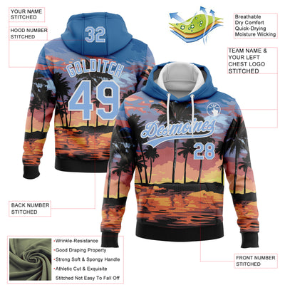 Custom Stitched Blue Light Blue-White 3D Hawaii Palm Trees Sports Pullover Sweatshirt Hoodie