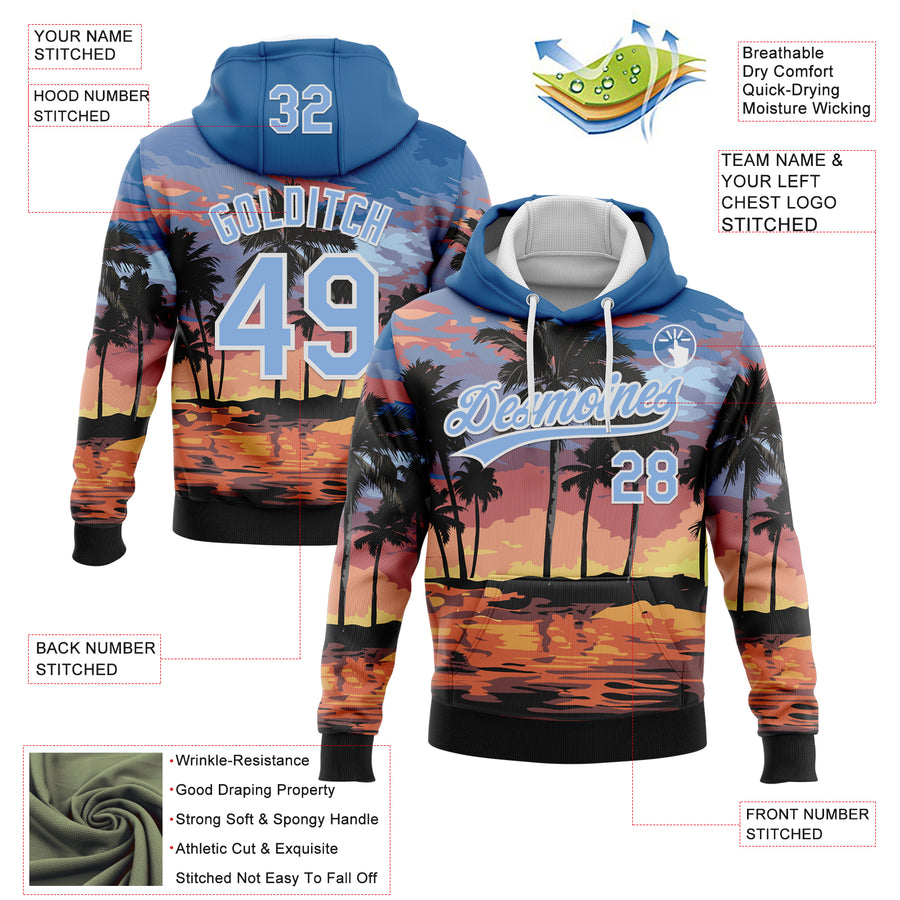 Custom Stitched Blue Light Blue-White 3D Hawaii Palm Trees Sports Pullover Sweatshirt Hoodie