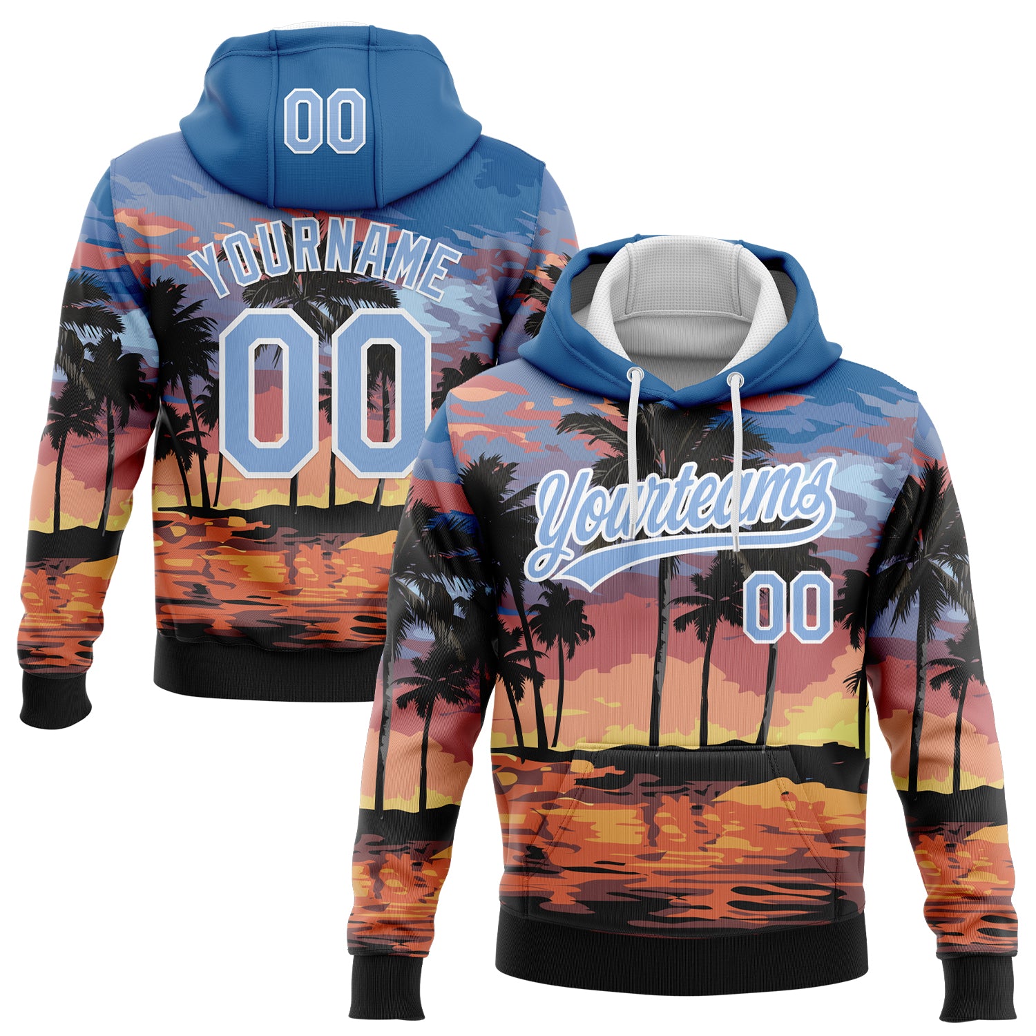 Custom Stitched Blue Light Blue-White 3D Hawaii Palm Trees Sports Pullover Sweatshirt Hoodie