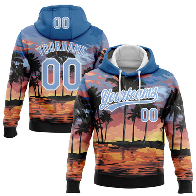 Custom Stitched Blue Light Blue-White 3D Hawaii Palm Trees Sports Pullover Sweatshirt Hoodie