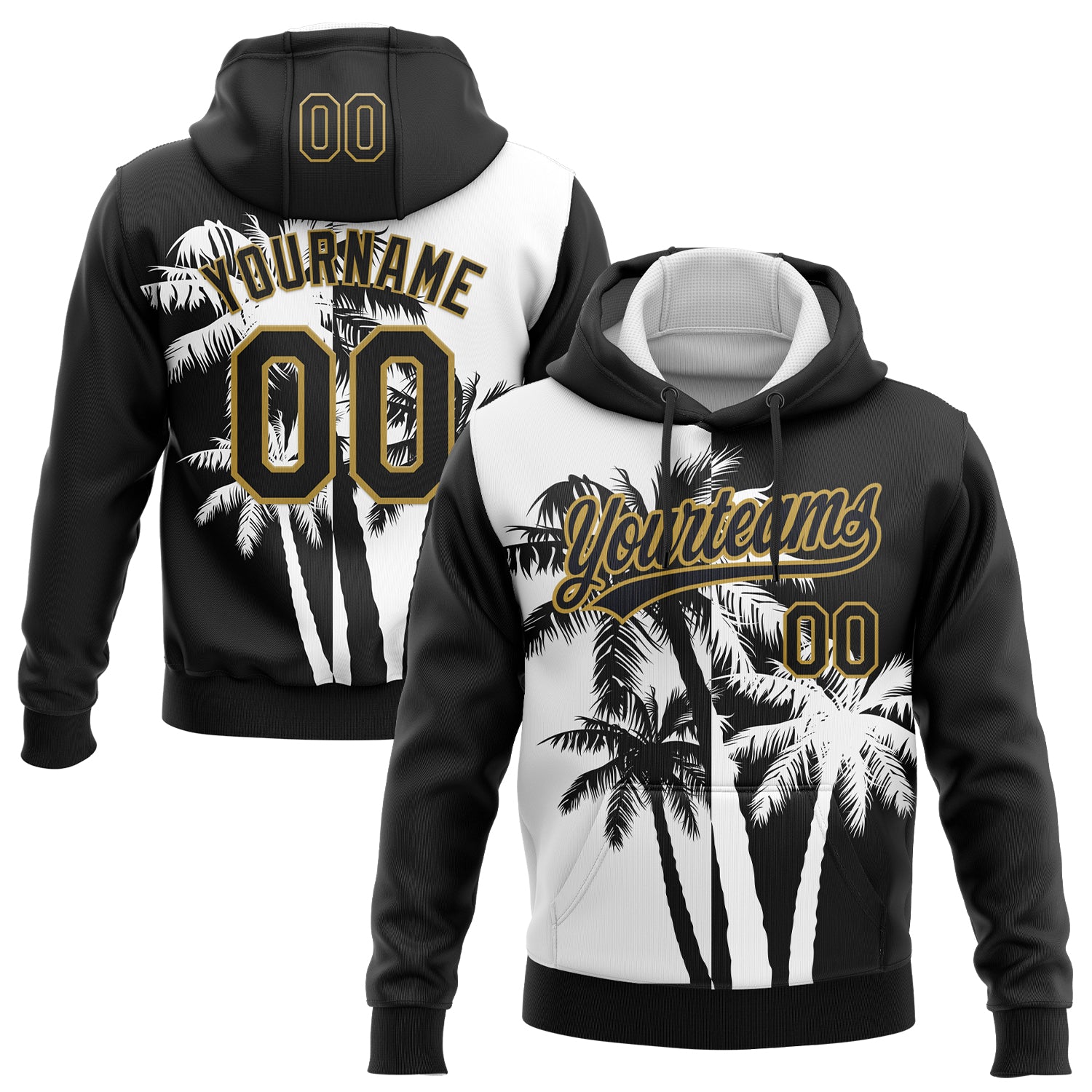 Custom Stitched Black White-Old Gold 3D Hawaii Coconut Trees Sports Pullover Sweatshirt Hoodie