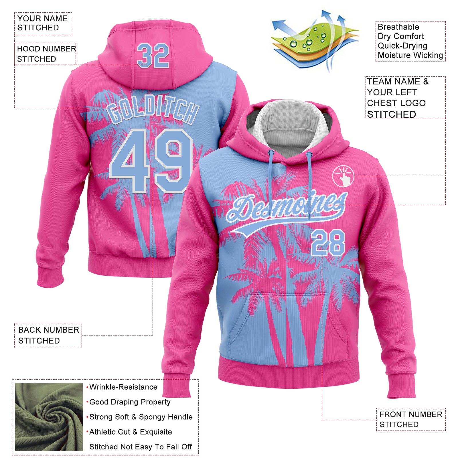 Custom Stitched Pink Light Blue-White 3D Hawaii Coconut Trees Sports Pullover Sweatshirt Hoodie