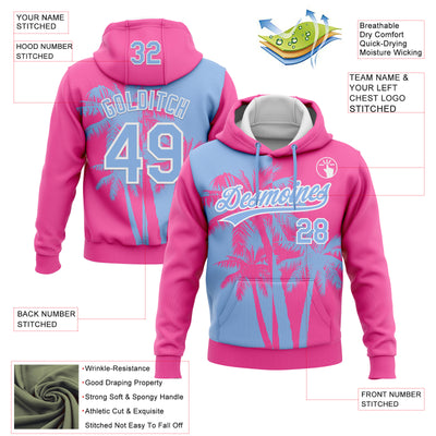 Custom Stitched Pink Light Blue-White 3D Hawaii Coconut Trees Sports Pullover Sweatshirt Hoodie