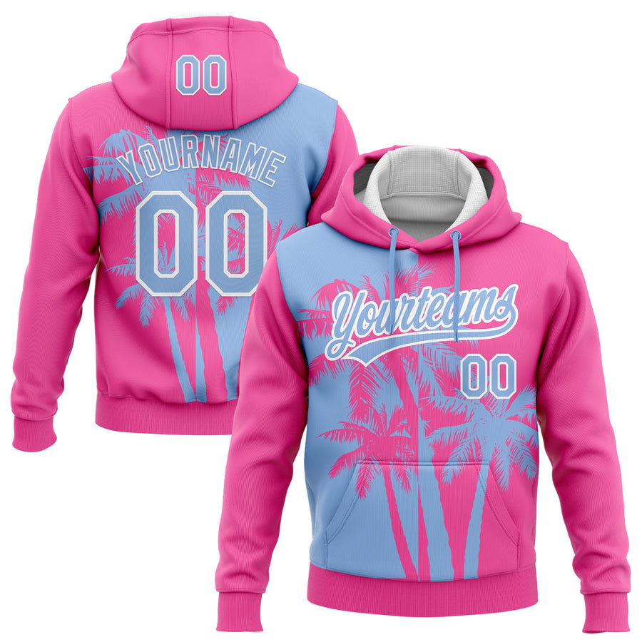 Custom Stitched Pink Light Blue-White 3D Hawaii Coconut Trees Sports Pullover Sweatshirt Hoodie