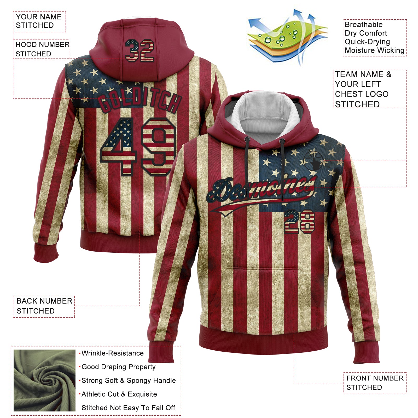 Custom Stitched Crimson Vintage USA Flag Cream-Black 3D American Flag Sports Pullover Sweatshirt Hoodie