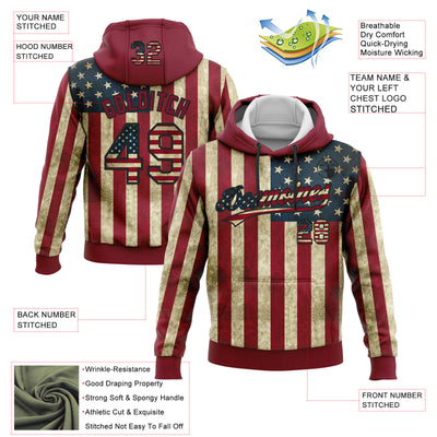 Custom Stitched Crimson Vintage USA Flag Cream-Black 3D American Flag Sports Pullover Sweatshirt Hoodie