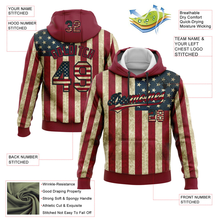 Custom Stitched Crimson Vintage USA Flag Cream-Black 3D American Flag Sports Pullover Sweatshirt Hoodie