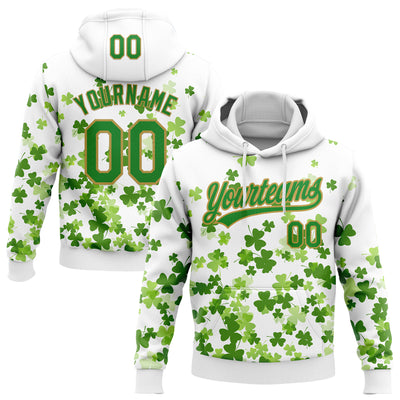 Custom Stitched White Grass Green-Old Gold 3D Pattern Design St. Patrick's Day Shamrock Sports Pullover Sweatshirt Hoodie