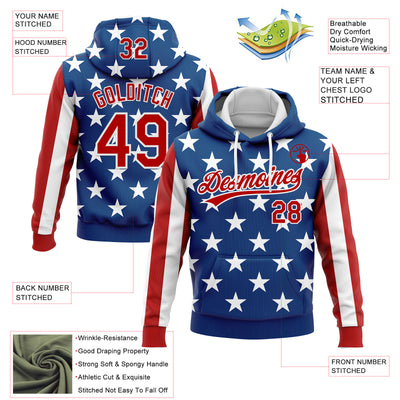 Custom Stitched Royal Red-White 3D American Flag Sports Pullover Sweatshirt Hoodie