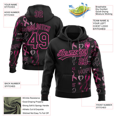 Custom Stitched Black Pink 3D Pattern Design Pink Ribbon Breast Cancer Awareness Month Women Health Care Support Sports Pullover Sweatshirt Hoodie