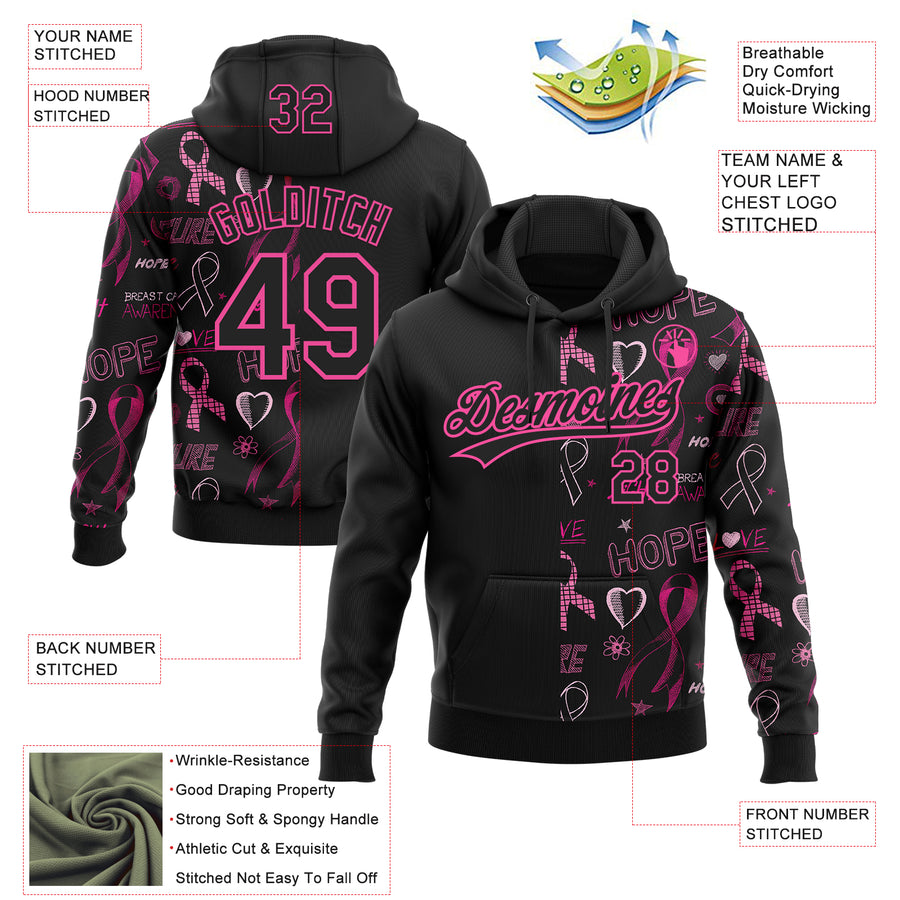Custom Stitched Black Pink 3D Pattern Design Pink Ribbon Breast Cancer Awareness Month Women Health Care Support Sports Pullover Sweatshirt Hoodie