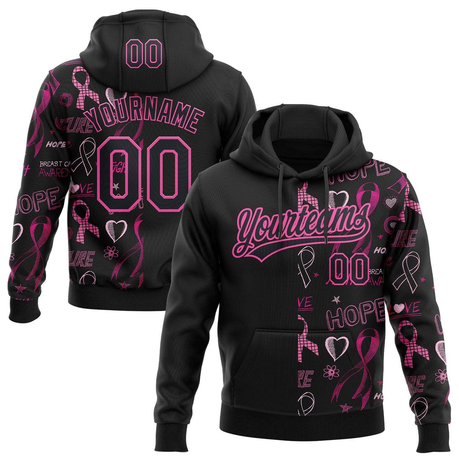 Custom Stitched Black Pink 3D Pattern Design Pink Ribbon Breast Cancer Awareness Month Women Health Care Support Sports Pullover Sweatshirt Hoodie