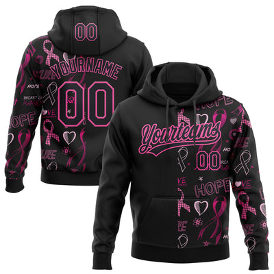 Custom Stitched Black Pink 3D Pattern Design Pink Ribbon Breast Cancer Awareness Month Women Health Care Support Sports Pullover Sweatshirt Hoodie