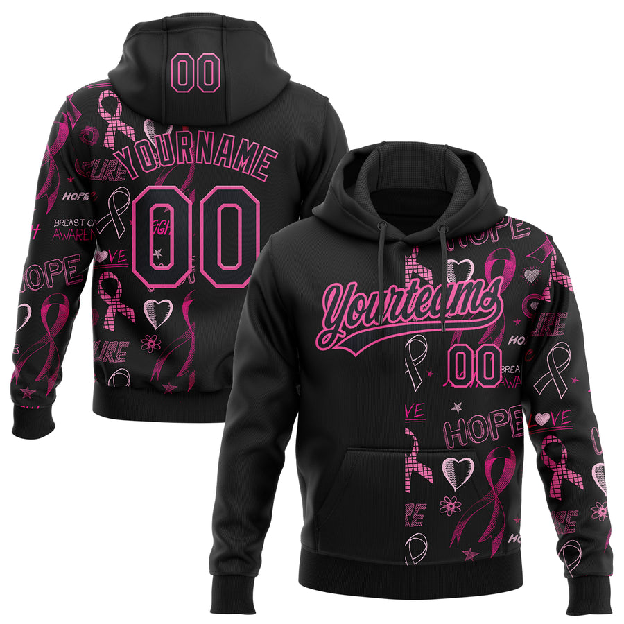 Custom Stitched Black Pink 3D Pattern Design Pink Ribbon Breast Cancer Awareness Month Women Health Care Support Sports Pullover Sweatshirt Hoodie