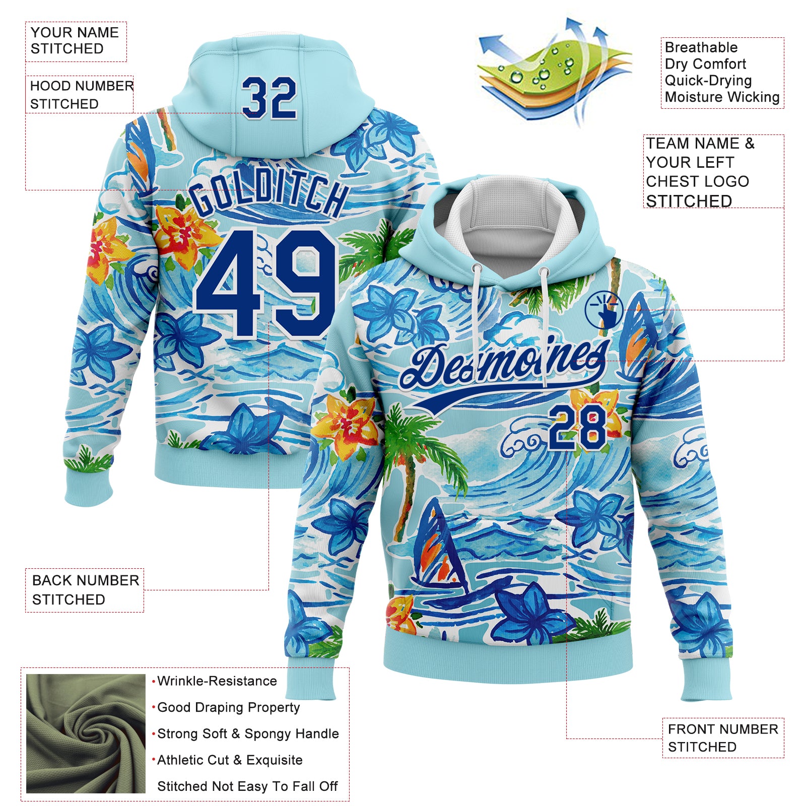 Custom Stitched Blue Royal-White 3D Beach Hawaii Palm Trees And Flowers Sports Pullover Sweatshirt Hoodie