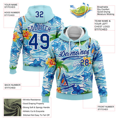 Custom Stitched Blue Royal-White 3D Beach Hawaii Palm Trees And Flowers Sports Pullover Sweatshirt Hoodie