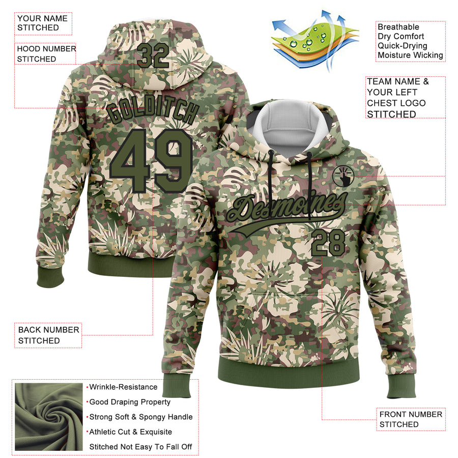 Custom Stitched Camo Olive-Black 3D Hawaii Palm Plant Sports Pullover Sweatshirt Salute To Service Hoodie