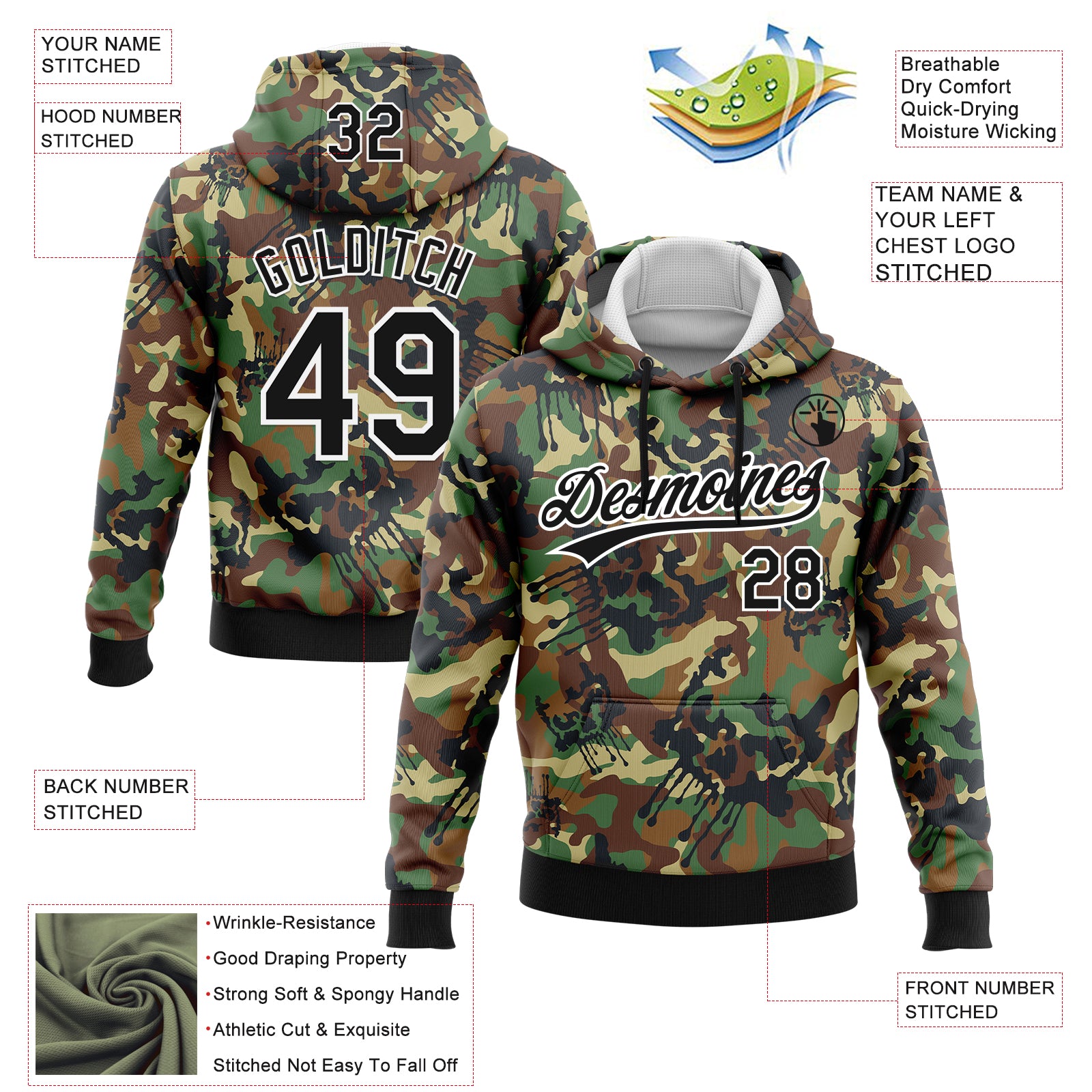 Custom Stitched Camo Black-White 3D Graffiti Drips Sports Pullover Sweatshirt Salute To Service Hoodie