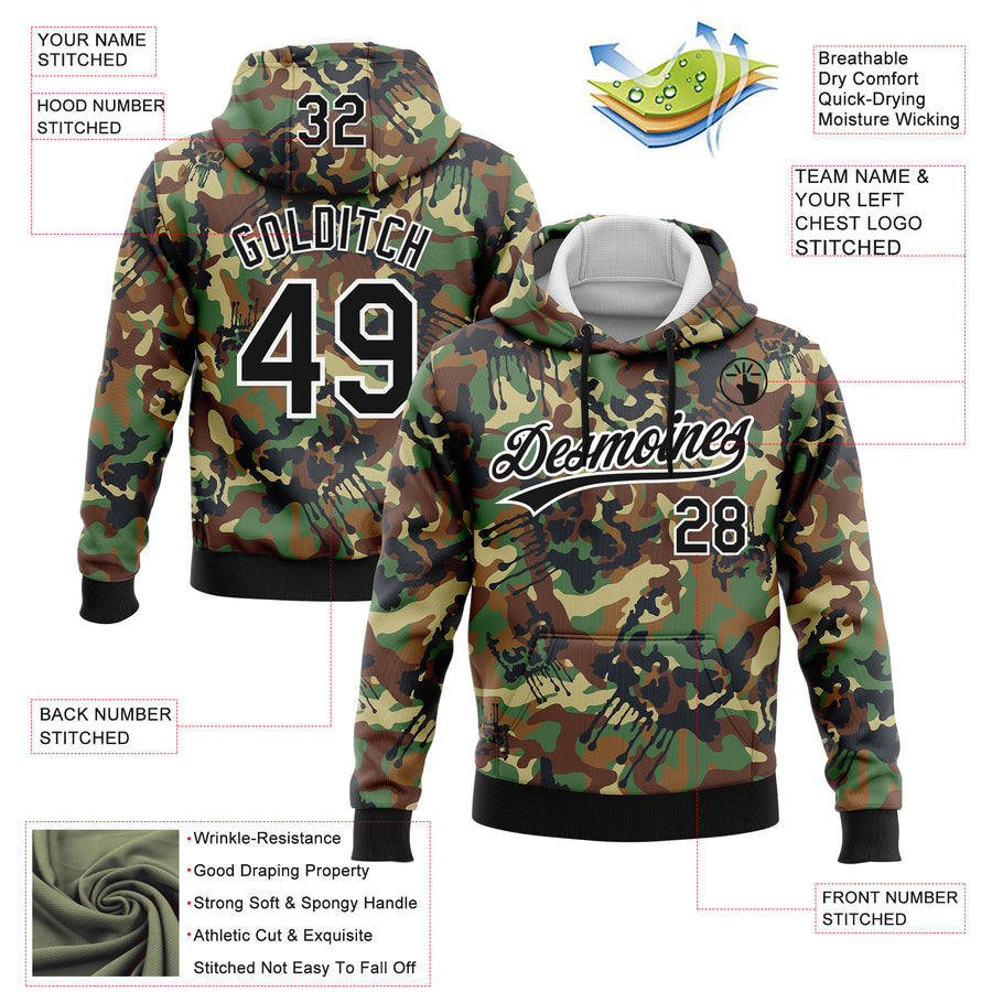 Custom Stitched Camo Black-White 3D Graffiti Drips Sports Pullover Sweatshirt Salute To Service Hoodie