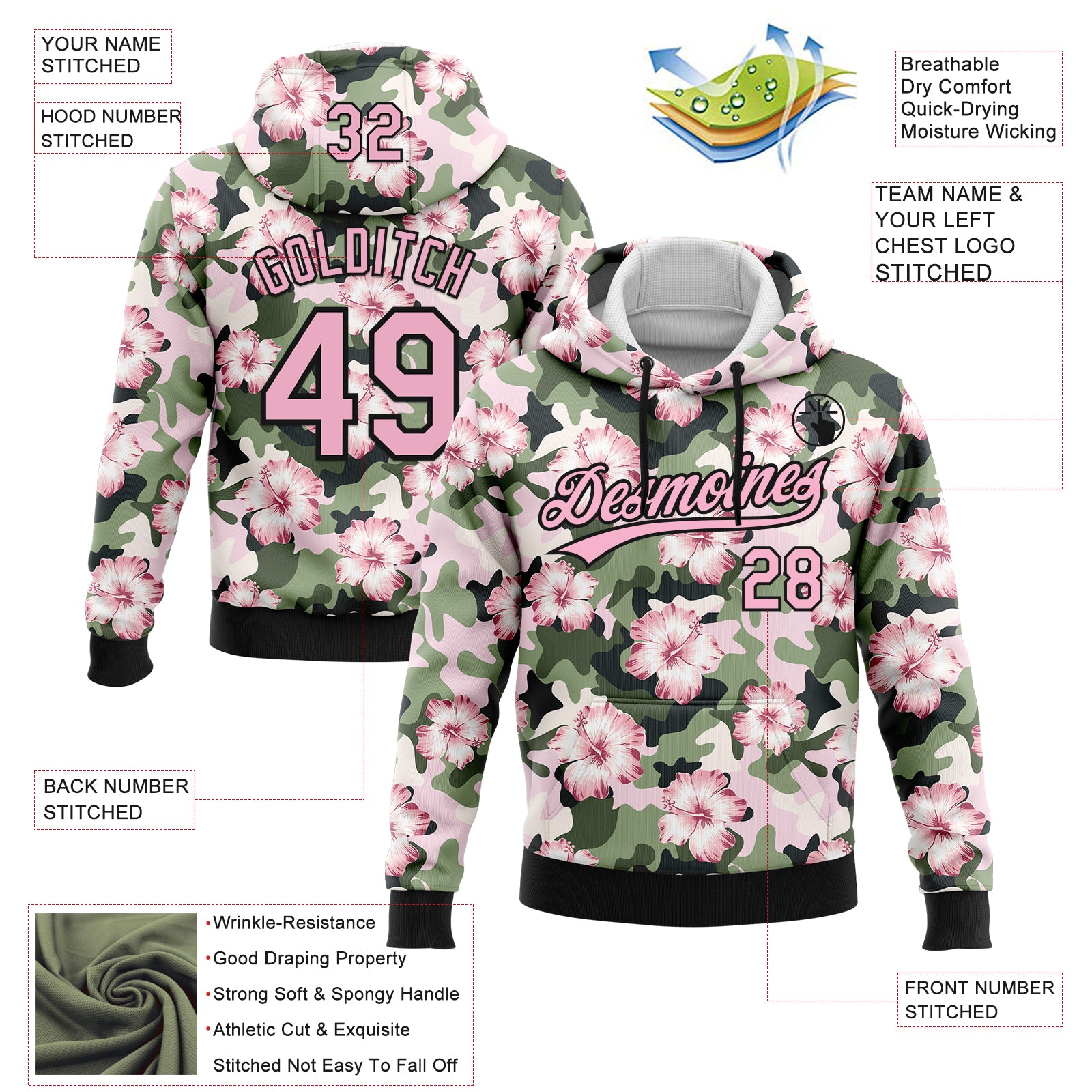 Custom Stitched Camo Light Pink-Black 3D Hibiscus Flower Sports Pullover Sweatshirt Salute To Service Hoodie
