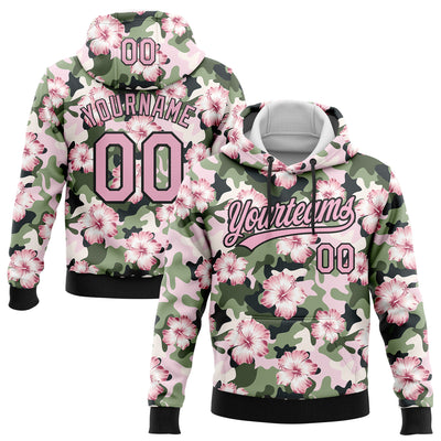 Custom Stitched Camo Light Pink-Black 3D Hibiscus Flower Sports Pullover Sweatshirt Salute To Service Hoodie