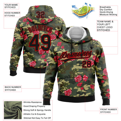Custom Stitched Camo Black-Red 3D Rose Sports Pullover Sweatshirt Salute To Service Hoodie