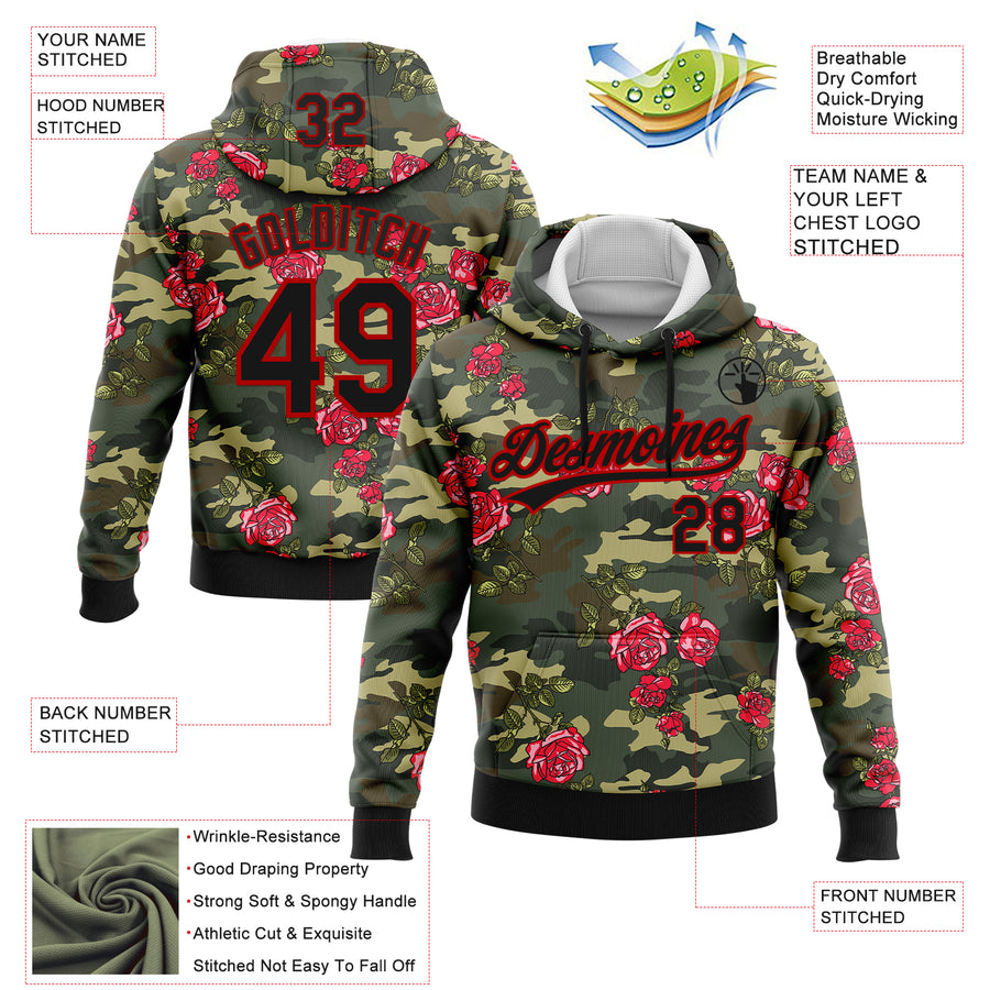 Custom Stitched Camo Black-Red 3D Rose Sports Pullover Sweatshirt Salute To Service Hoodie