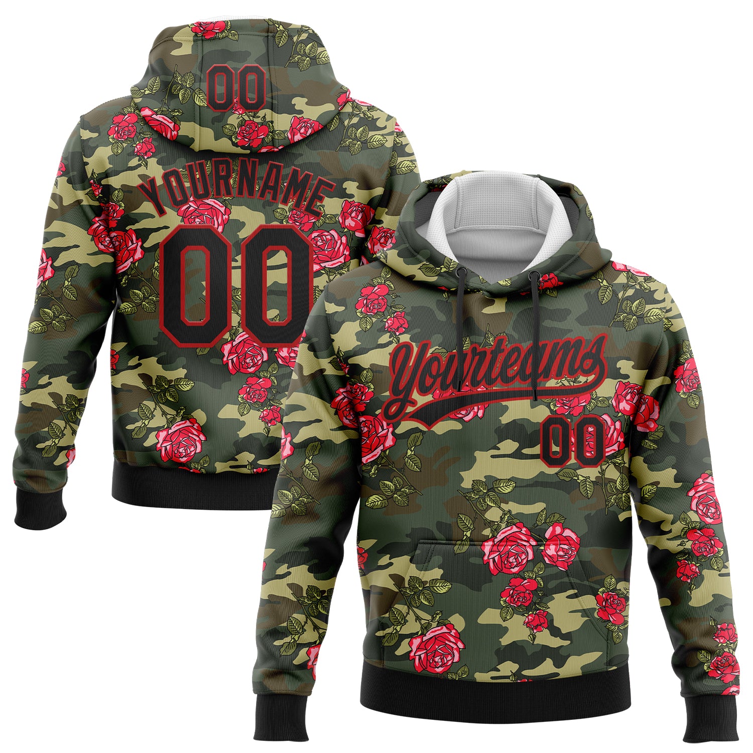 Custom Stitched Camo Black-Red 3D Rose Sports Pullover Sweatshirt Salute To Service Hoodie