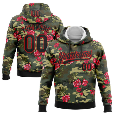 Custom Stitched Camo Black-Red 3D Rose Sports Pullover Sweatshirt Salute To Service Hoodie