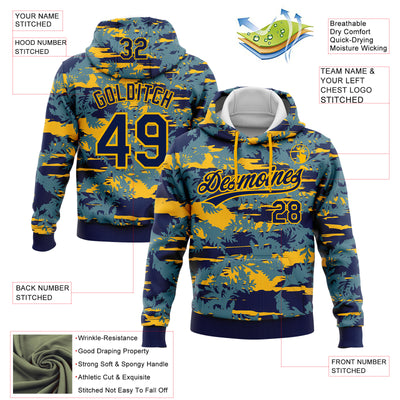 Custom Stitched Navy Gold 3D Pattern Design Thuja Branch Pullover Sweatshirt Hoodie