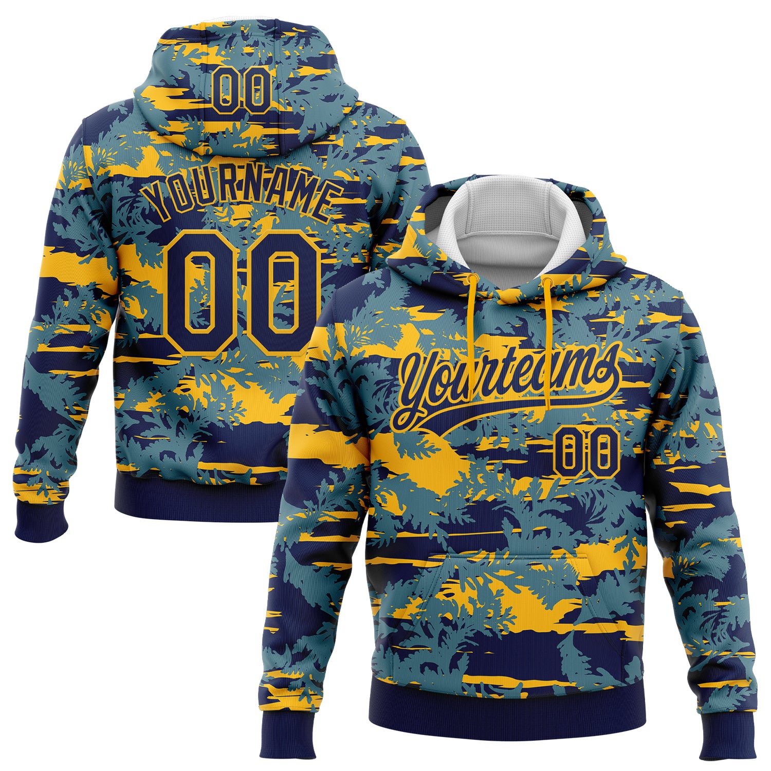 Custom Stitched Navy Gold 3D Pattern Design Thuja Branch Pullover Sweatshirt Hoodie