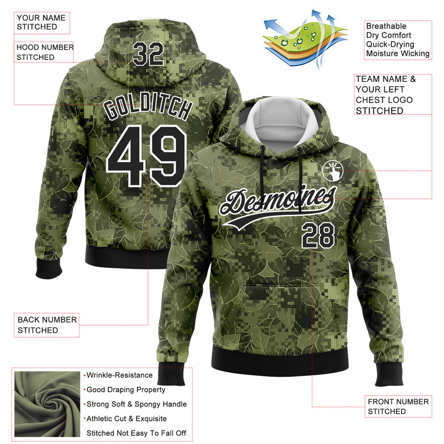 Custom Stitched Camo Black-White 3D Leaves Sports Pullover Sweatshirt Salute To Service Hoodie