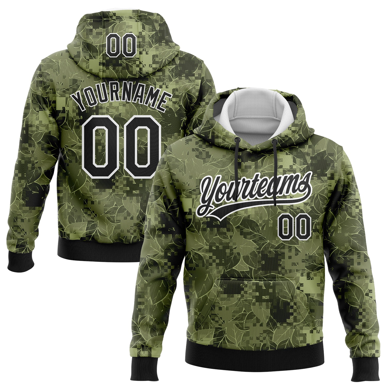 Custom Stitched Camo Black-White 3D Leaves Sports Pullover Sweatshirt Salute To Service Hoodie