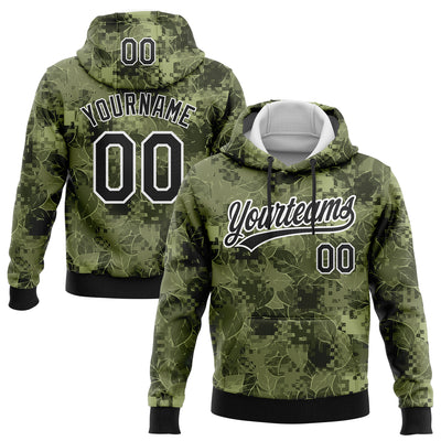 Custom Stitched Camo Black-White 3D Leaves Sports Pullover Sweatshirt Salute To Service Hoodie