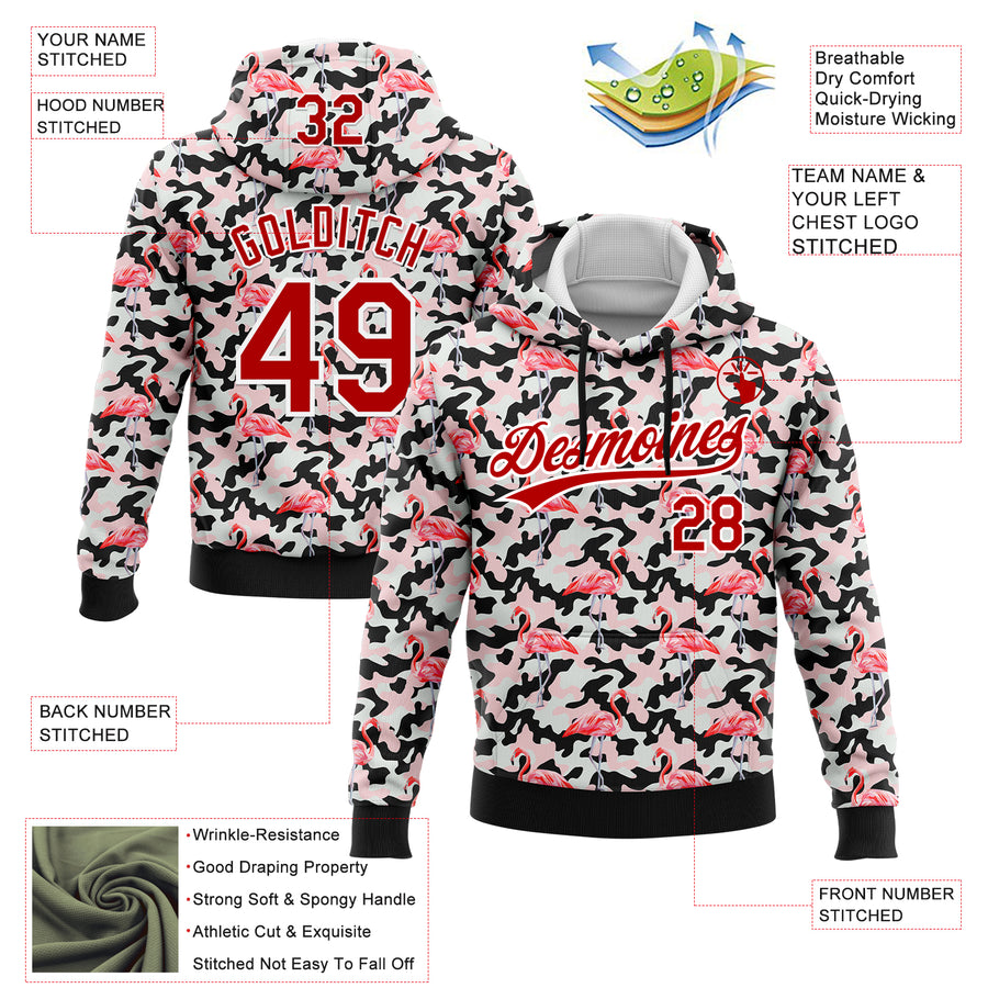 Custom Stitched Camo Red-White 3D Flamingo Sports Pullover Sweatshirt Salute To Service Hoodie