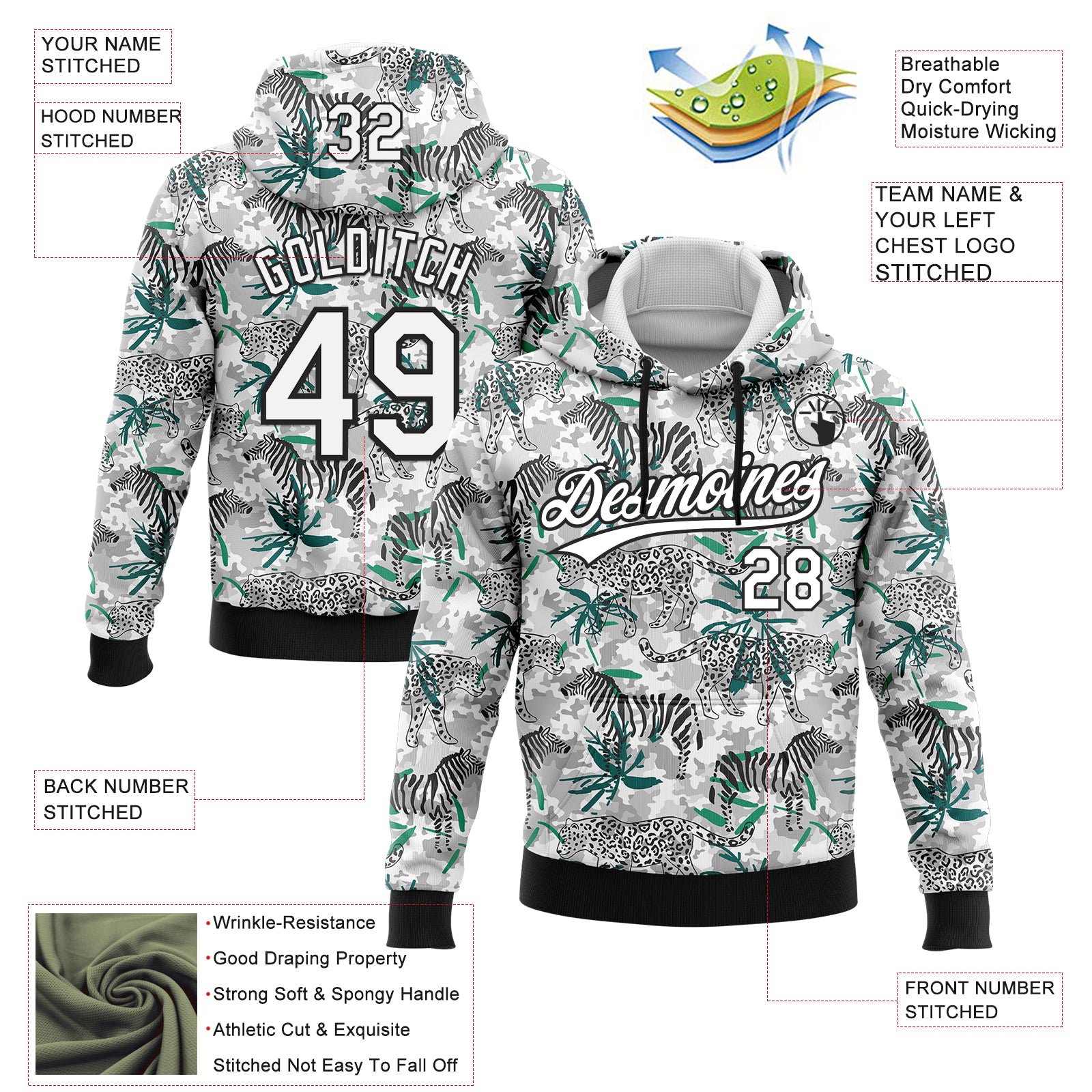 Custom Stitched Camo White-Black 3D Tropical Jungle Animal Sports Pullover Sweatshirt Salute To Service Hoodie