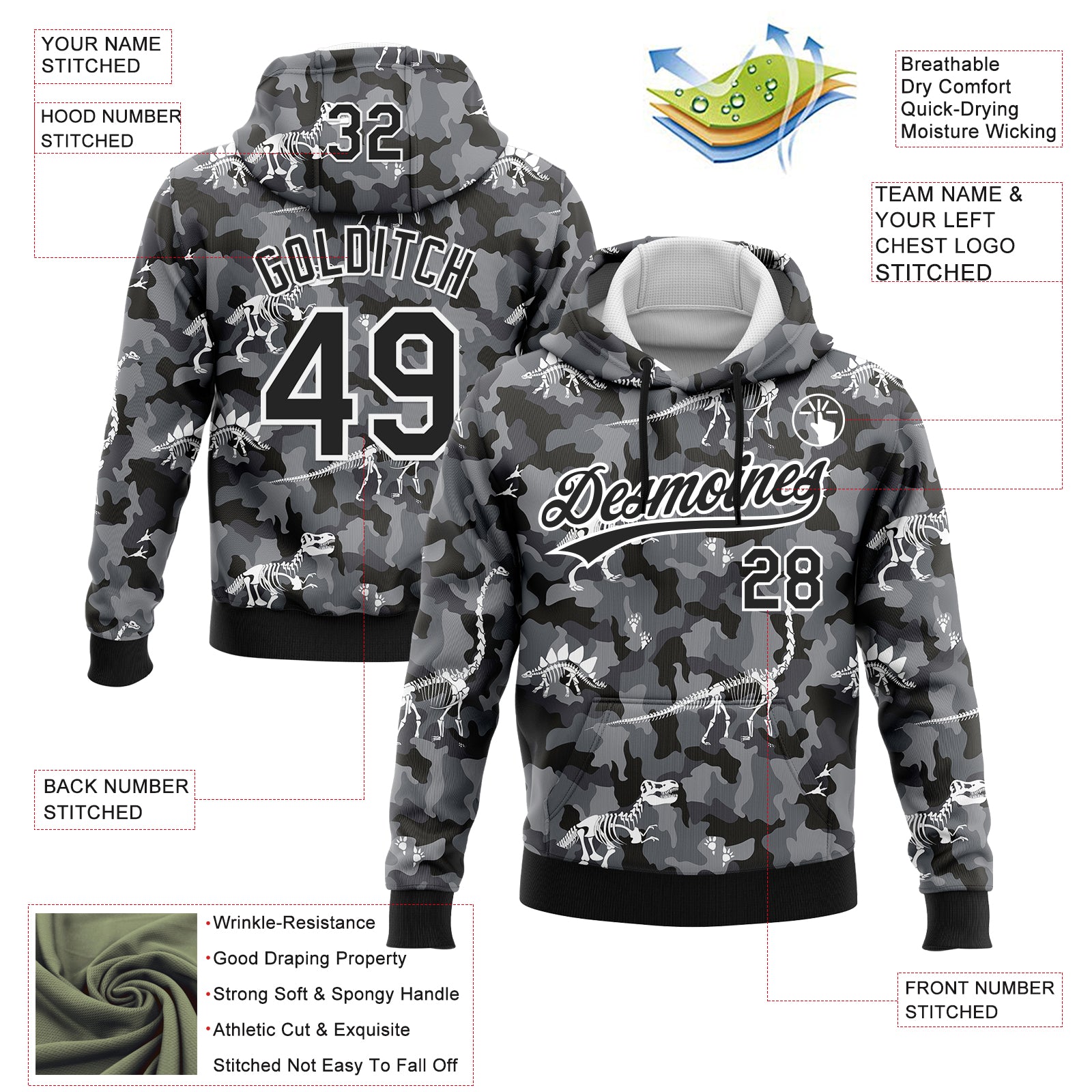 Custom Stitched Camo Black-White 3D Dinosaur Sports Pullover Sweatshirt Salute To Service Hoodie
