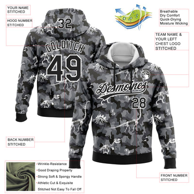 Custom Stitched Camo Black-White 3D Dinosaur Sports Pullover Sweatshirt Salute To Service Hoodie