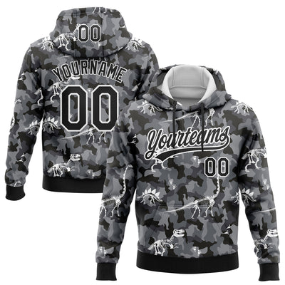 Custom Stitched Camo Black-White 3D Dinosaur Sports Pullover Sweatshirt Salute To Service Hoodie