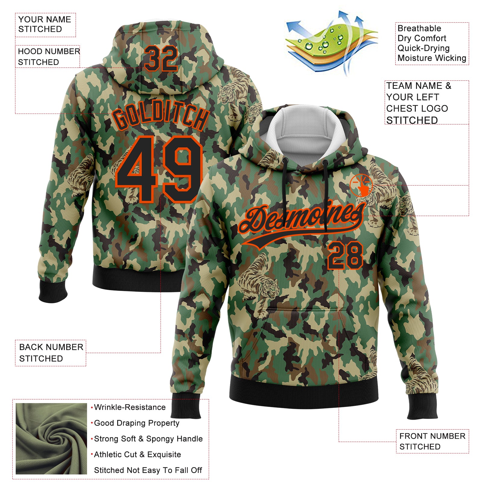 Custom Stitched Camo Black-Orange 3D Animal Tiger Sports Pullover Sweatshirt Salute To Service Hoodie