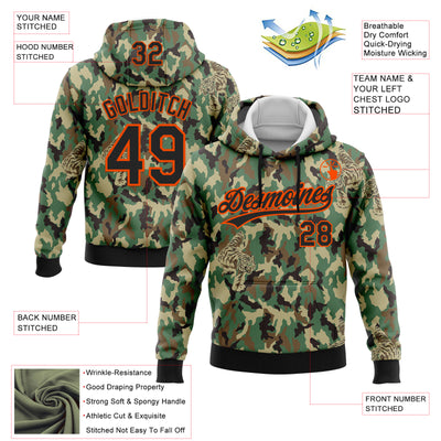 Custom Stitched Camo Black-Orange 3D Animal Tiger Sports Pullover Sweatshirt Salute To Service Hoodie