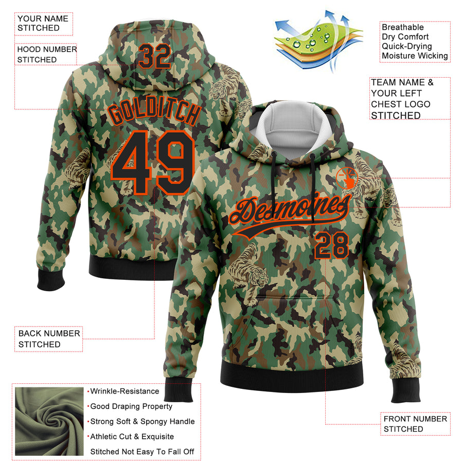 Custom Stitched Camo Black-Orange 3D Animal Tiger Sports Pullover Sweatshirt Salute To Service Hoodie