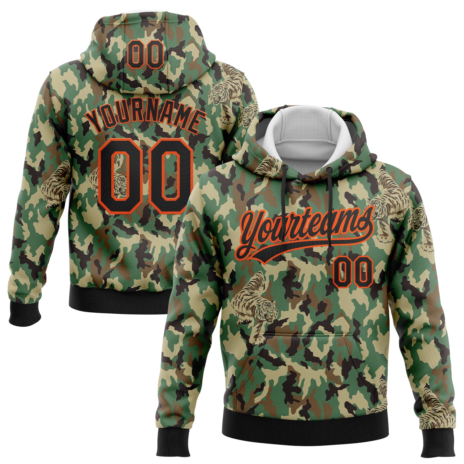 Custom Stitched Camo Black-Orange 3D Animal Tiger Sports Pullover Sweatshirt Salute To Service Hoodie