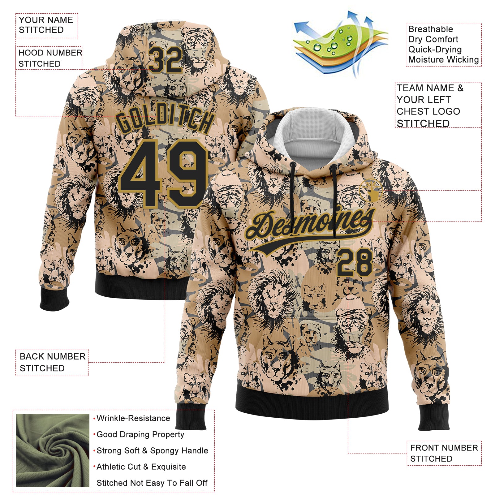 Custom Stitched Camo Black-Old Gold 3D Animal Lion And Tiger Sports Pullover Sweatshirt Salute To Service Hoodie