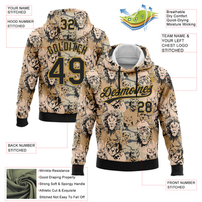 Custom Stitched Camo Black-Old Gold 3D Animal Lion And Tiger Sports Pullover Sweatshirt Salute To Service Hoodie