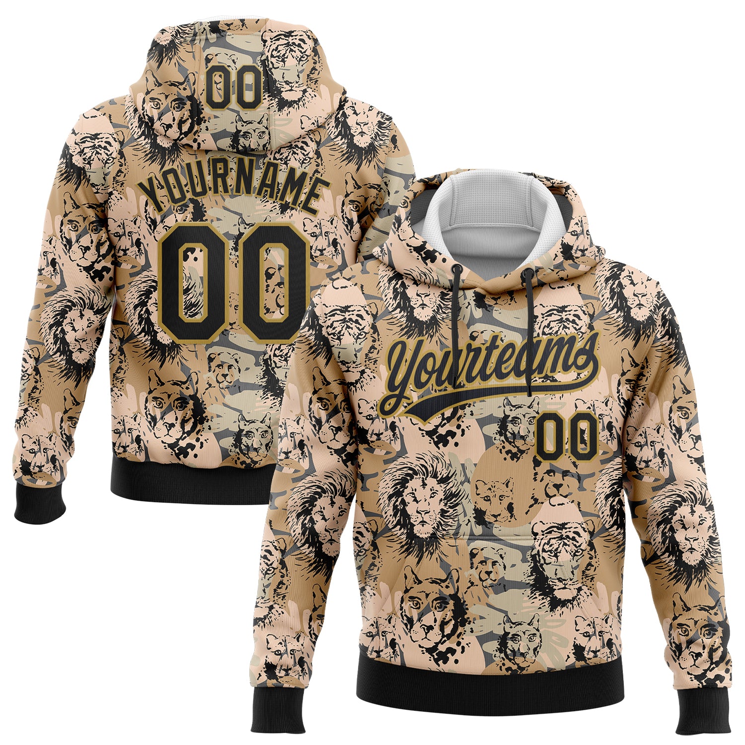 Custom Stitched Camo Black-Old Gold 3D Animal Lion And Tiger Sports Pullover Sweatshirt Salute To Service Hoodie