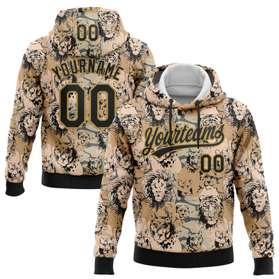 Custom Stitched Camo Black-Old Gold 3D Animal Lion And Tiger Sports Pullover Sweatshirt Salute To Service Hoodie