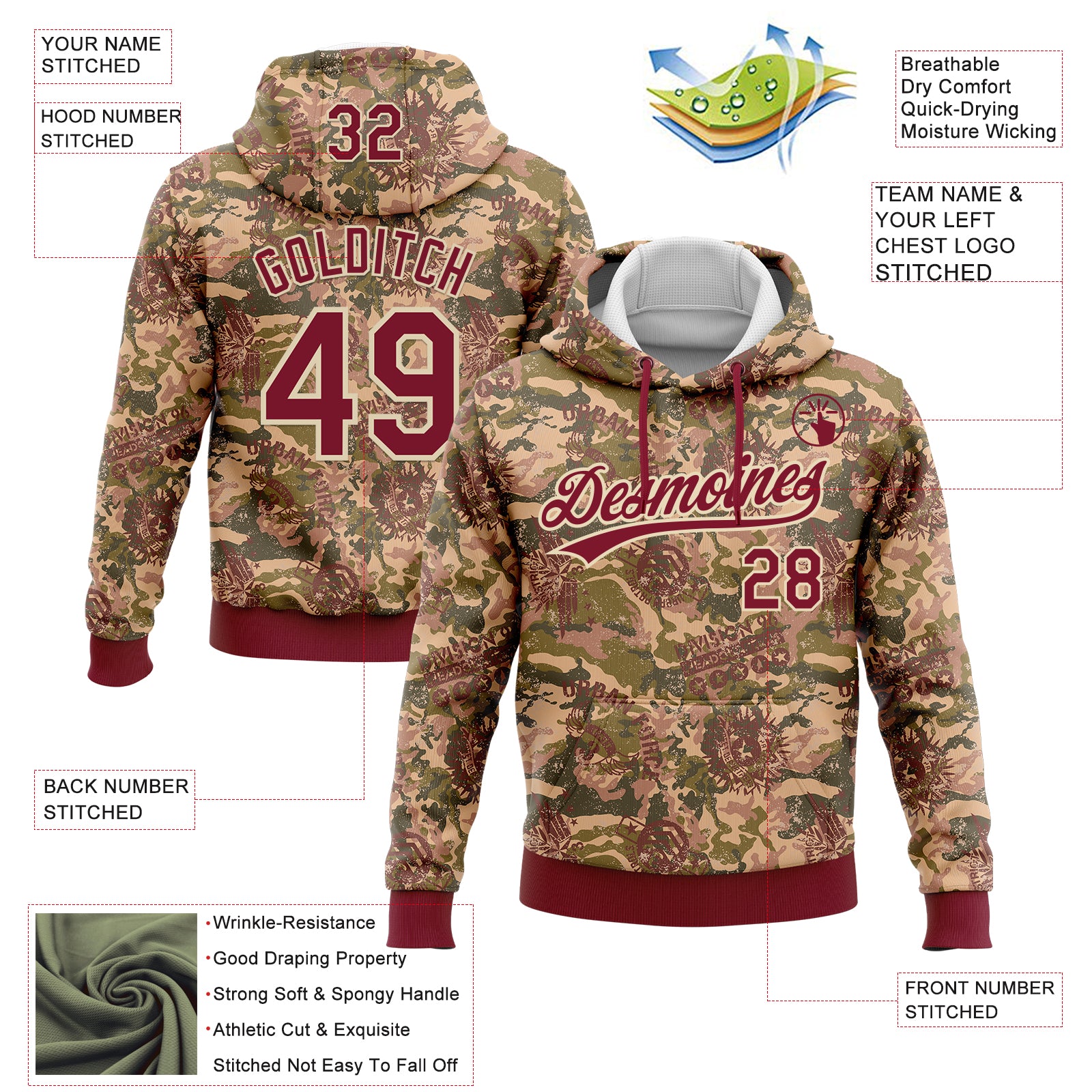 Custom Stitched Camo Crimson-Cream 3D Military Badge Sports Pullover Sweatshirt Salute To Service Hoodie