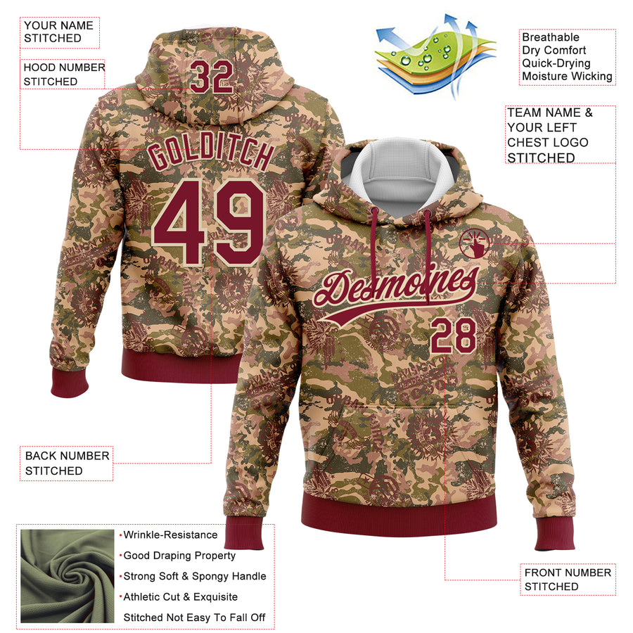 Custom Stitched Camo Crimson-Cream 3D Military Badge Sports Pullover Sweatshirt Salute To Service Hoodie